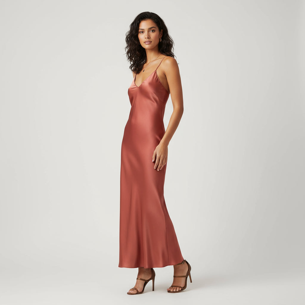 Women's Spaghetti Strap Satin Silk Midi Dress – V-Neck Elegant