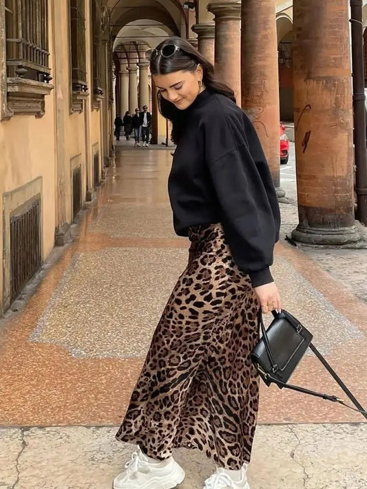 Women’s Leopard Print High-Waist Midi Skirt