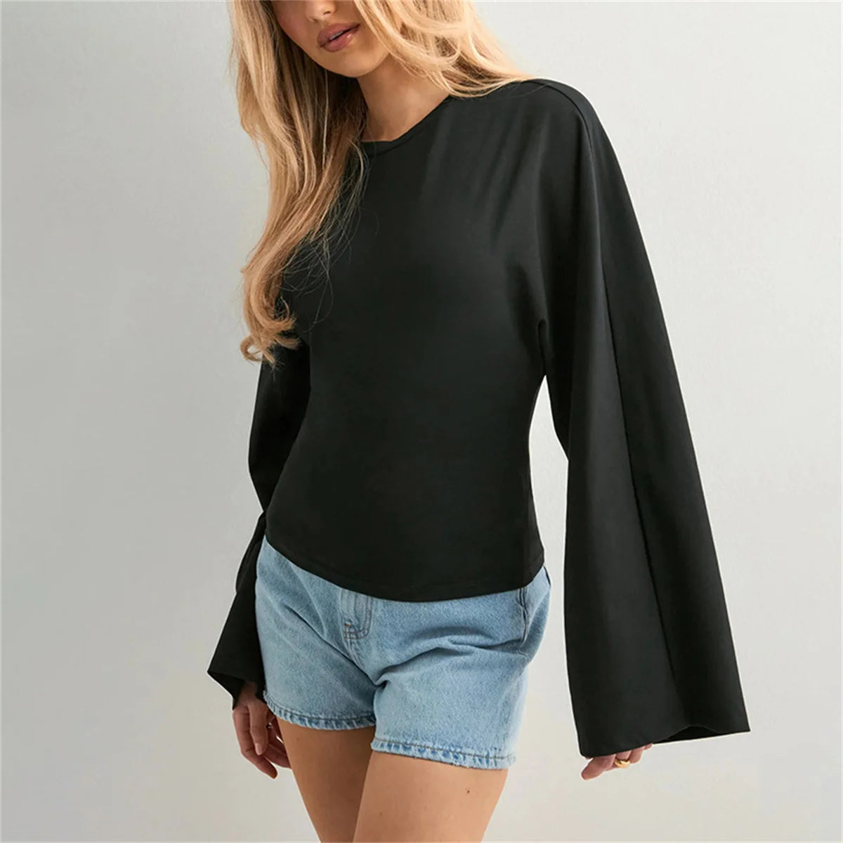 Round Neck Front Shoulder Wide Long Sleeves  Tops