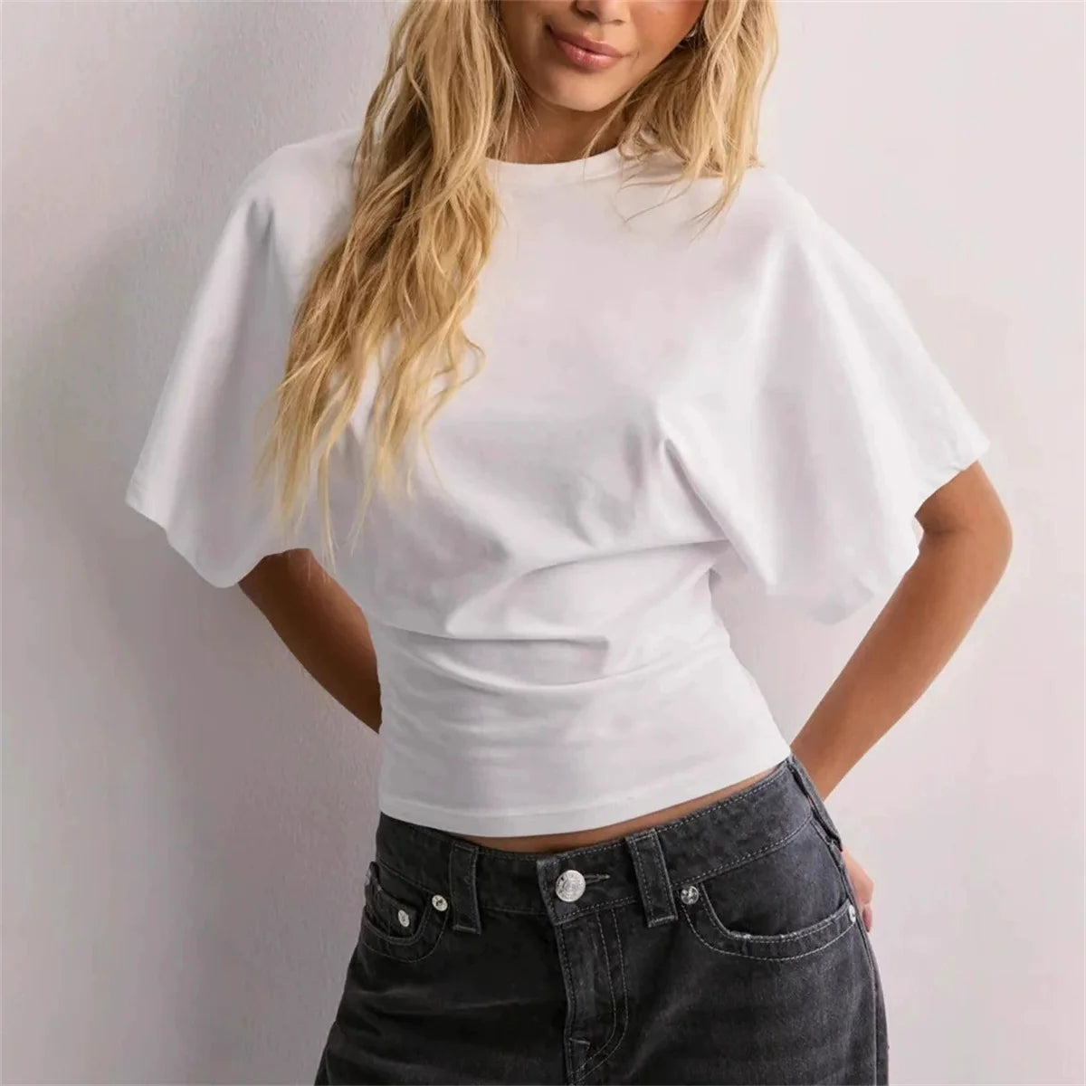 Round Neck Front Shoulder Wide Long Sleeves  Tops