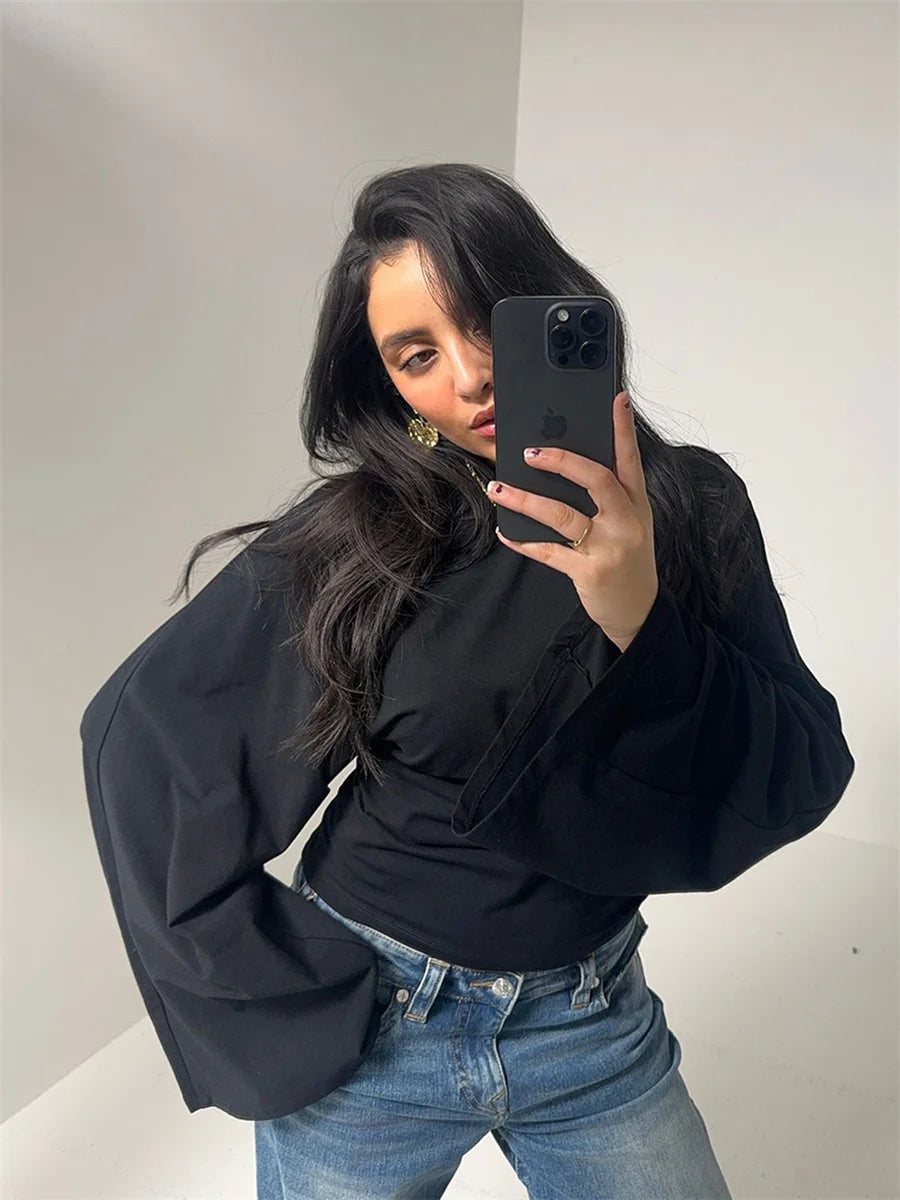 Round Neck Front Shoulder Wide Long Sleeves  Tops