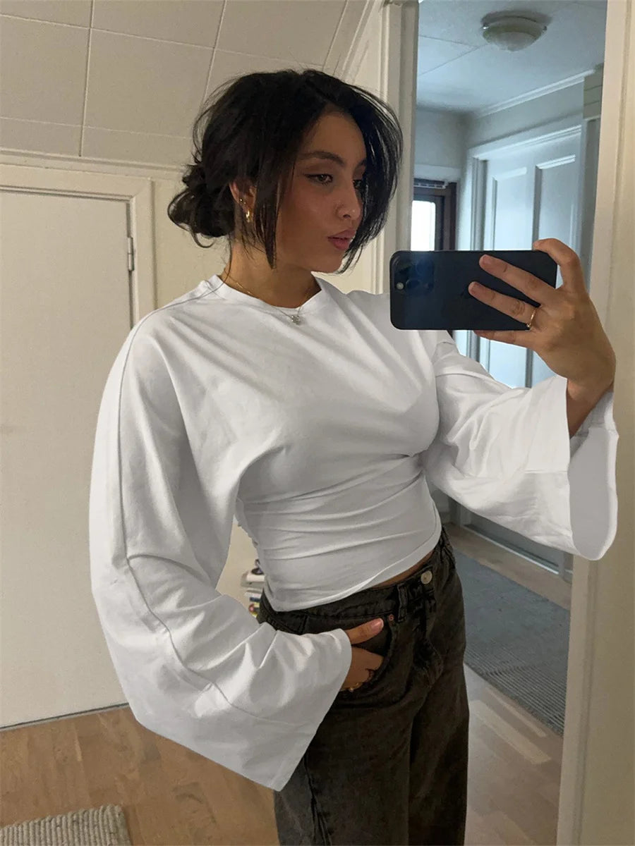 Round Neck Front Shoulder Wide Long Sleeves  Tops