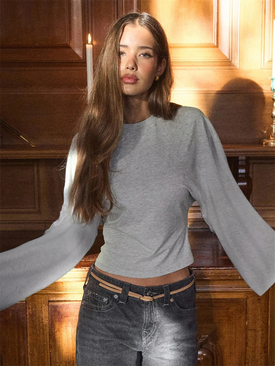 Round Neck Front Shoulder Wide Long Sleeves  Tops