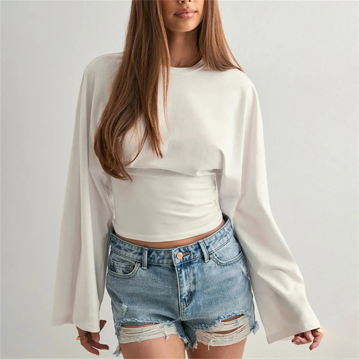 Round Neck Front Shoulder Wide Long Sleeves  Tops