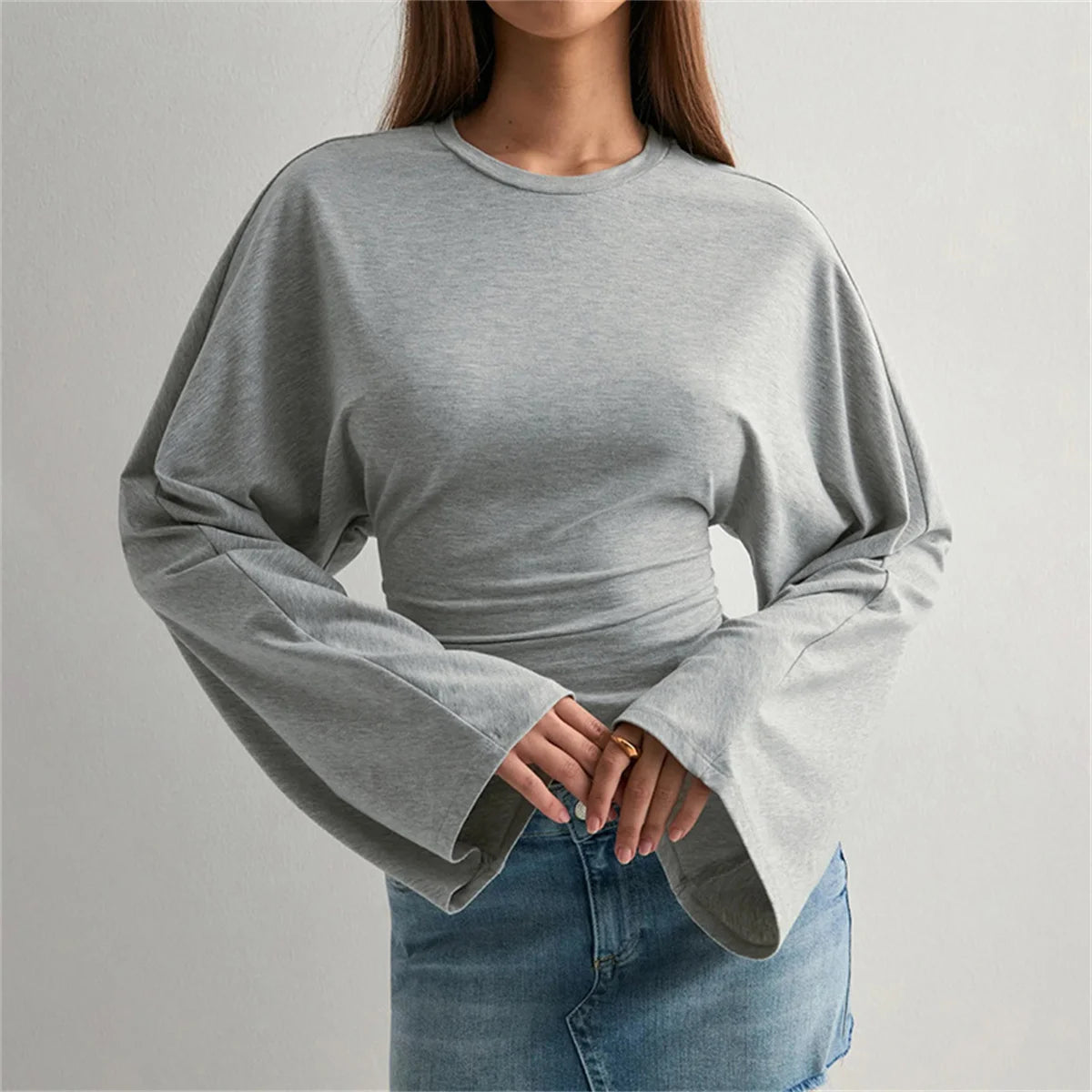 Round Neck Front Shoulder Wide Long Sleeves  Tops
