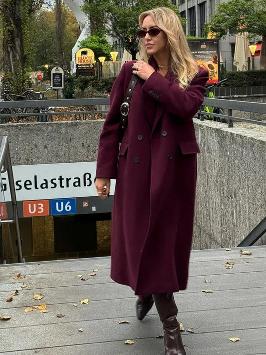Stylish Women’s Burgundy Woolen Jacket – Autumn Winter Lapel Outerwear