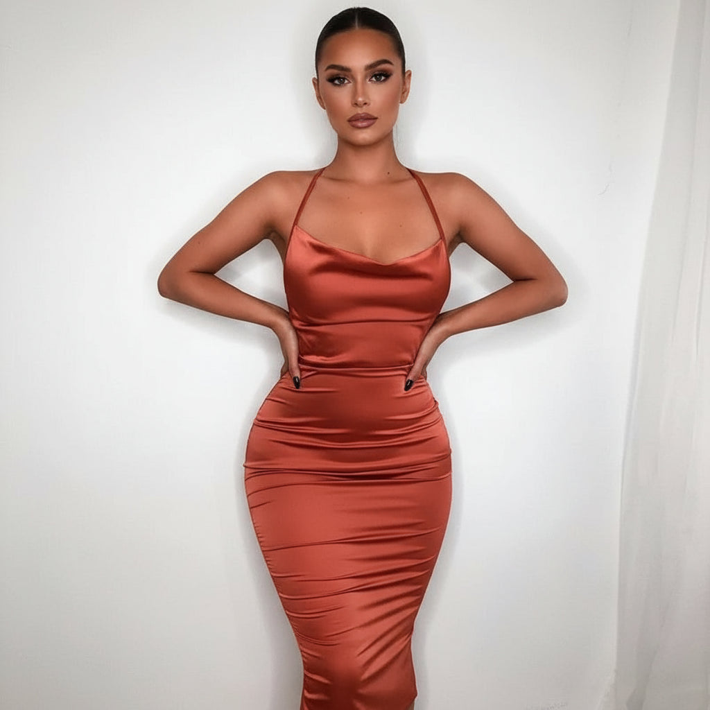 Elegant Satin Lace-Up Midi Dress