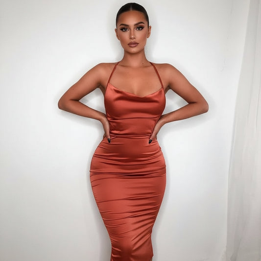 Elegant Satin Lace-Up Midi Dress