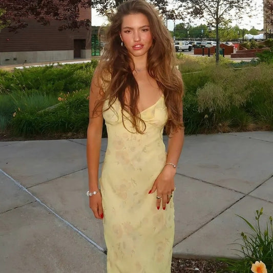 Backless Floral Halter Maxi Dress