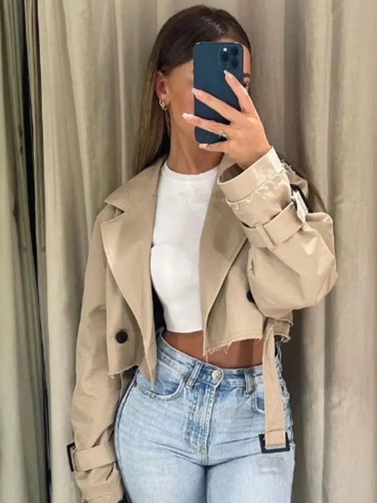 Women’s  Coat with Sash Belt – Elegant Polyester Outerwear