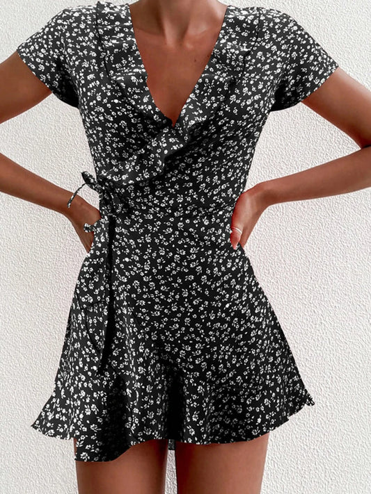 Sweet Elegant Floral Ruffles V-neck Bandage Short  Mini Dress