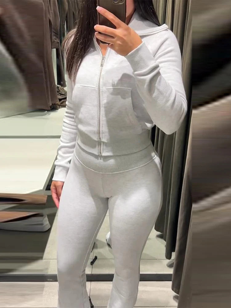 Woman Flared Pants Zip Coats Lapel Collar Outwear  Daily Outwear Clothes