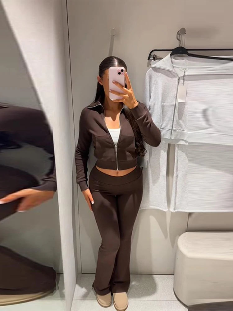 Woman Flared Pants Zip Coats Lapel Collar Outwear  Daily Outwear Clothes