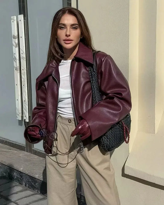 Women’s Wine Red Faux Leather Jacket