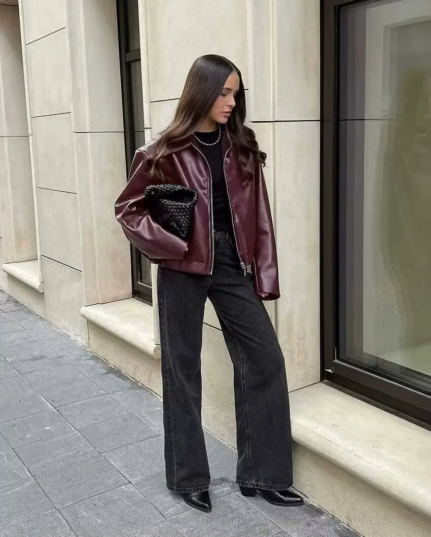 Women’s Wine Red Faux Leather Jacket