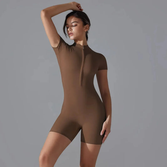 Women’s Yoga Jumpsuit – Short Sleeve One-Piece with Zipper