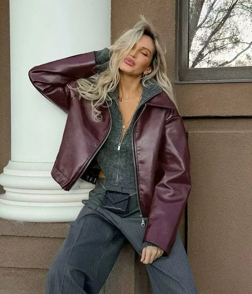 Women’s Wine Red Faux Leather Jacket